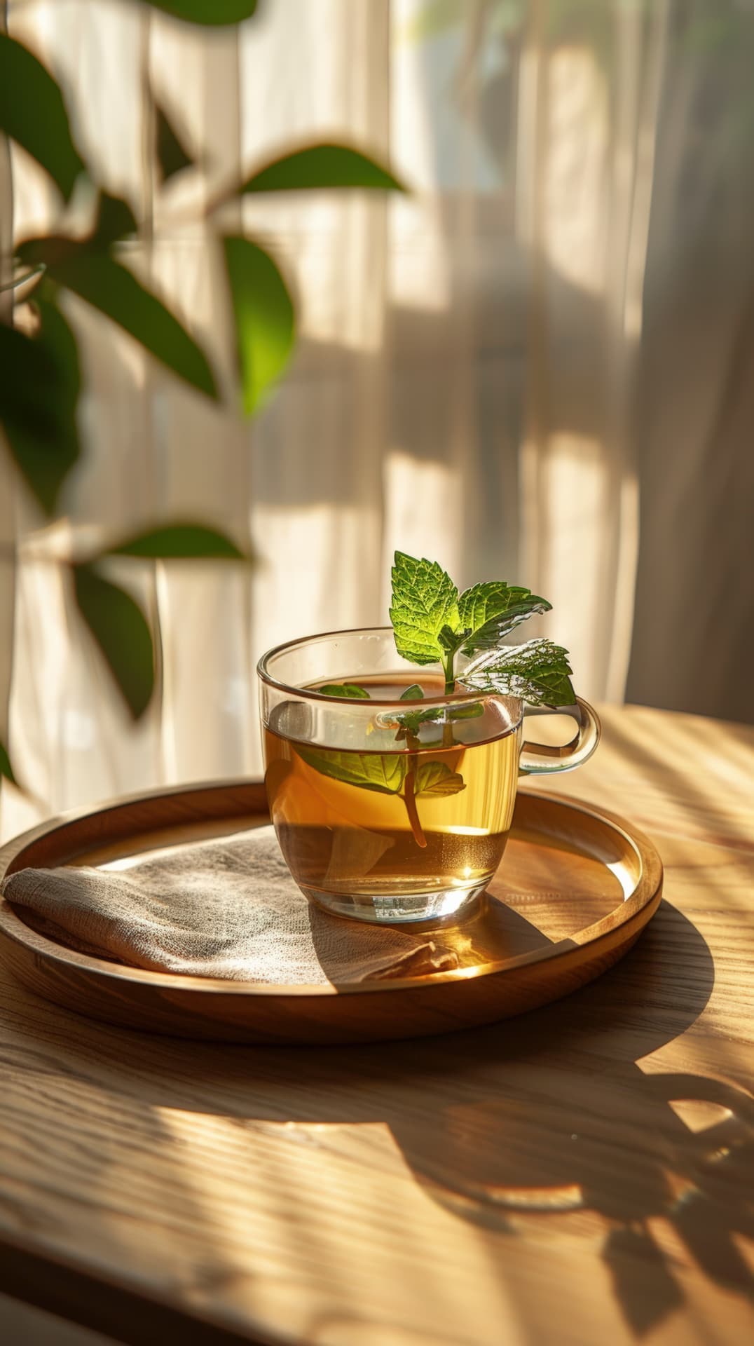 A glass cup of herbal tea with fresh mint on a wooden tray in soft morning light